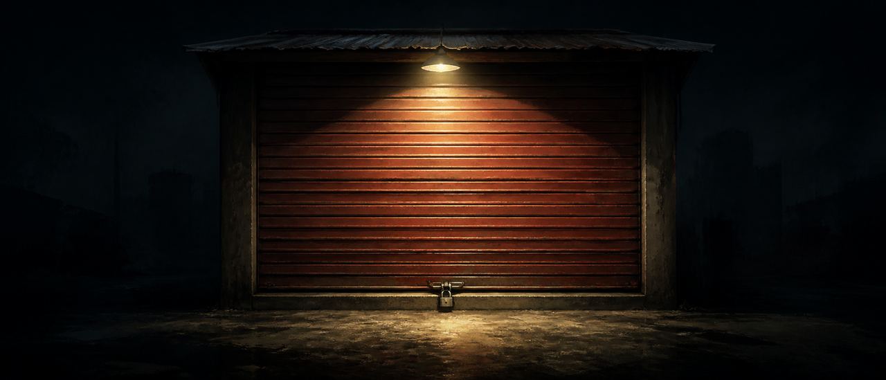 Ilustrasi: pintu rolling door toko desa yang tertutup dan berkarat, disinari satu lampu jalan dari atas, dengan gembok terpasang.