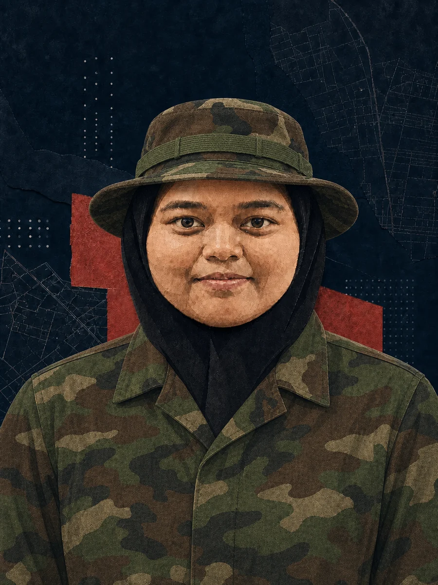 Ilustrasi potret berseragam loreng Anisa Muyassaroh, sarjana fisika asal Lamongan yang meninggal saat latihan dasar militer SPPI.