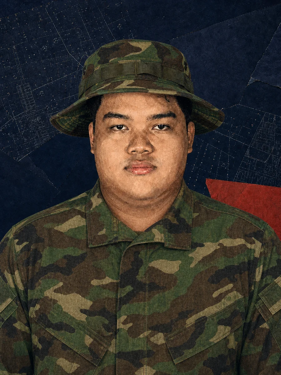 Ilustrasi potret berseragam loreng Muhammad Rifki Renaldi Gunawan, sarjana teknik elektro asal Sumedang yang meninggal saat latihan dasar militer SPPI.