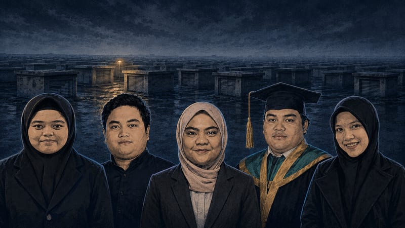 Ilustrasi potret lima calon manajer Koperasi Desa Merah Putih yang meninggal saat latihan dasar militer, dengan latar deretan bangunan kios yang gelap.
